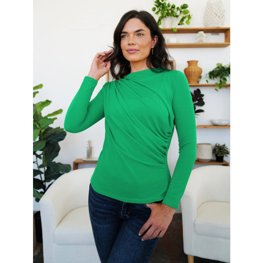 Ruched Mock Neck Long Sleeve T-Shirt Green / S Apparel and Accessories