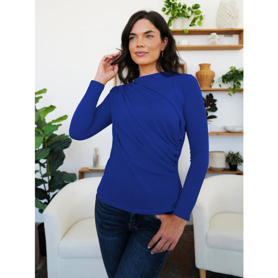 Ruched Mock Neck Long Sleeve T-Shirt Navy / S Apparel and Accessories