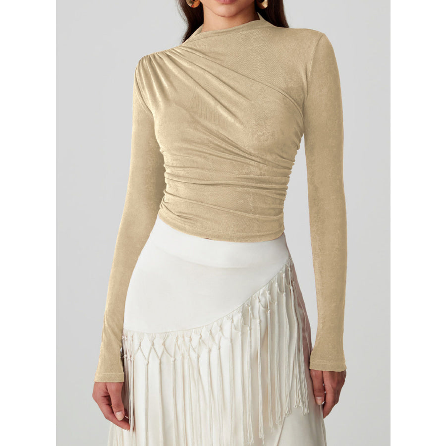 Ruched Mock Neck Long Sleeve T-Shirt Tan / S Apparel and Accessories