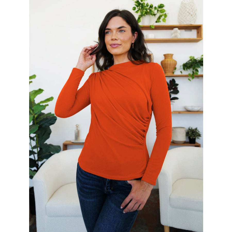 Ruched Mock Neck Long Sleeve T-Shirt Terracotta / S Apparel and Accessories