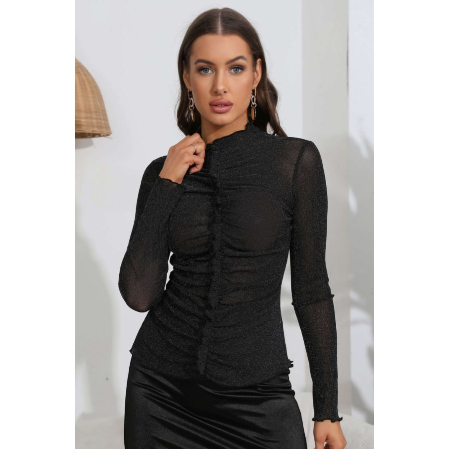 Ruched Mock Neck Long Sleeve Top Black / S