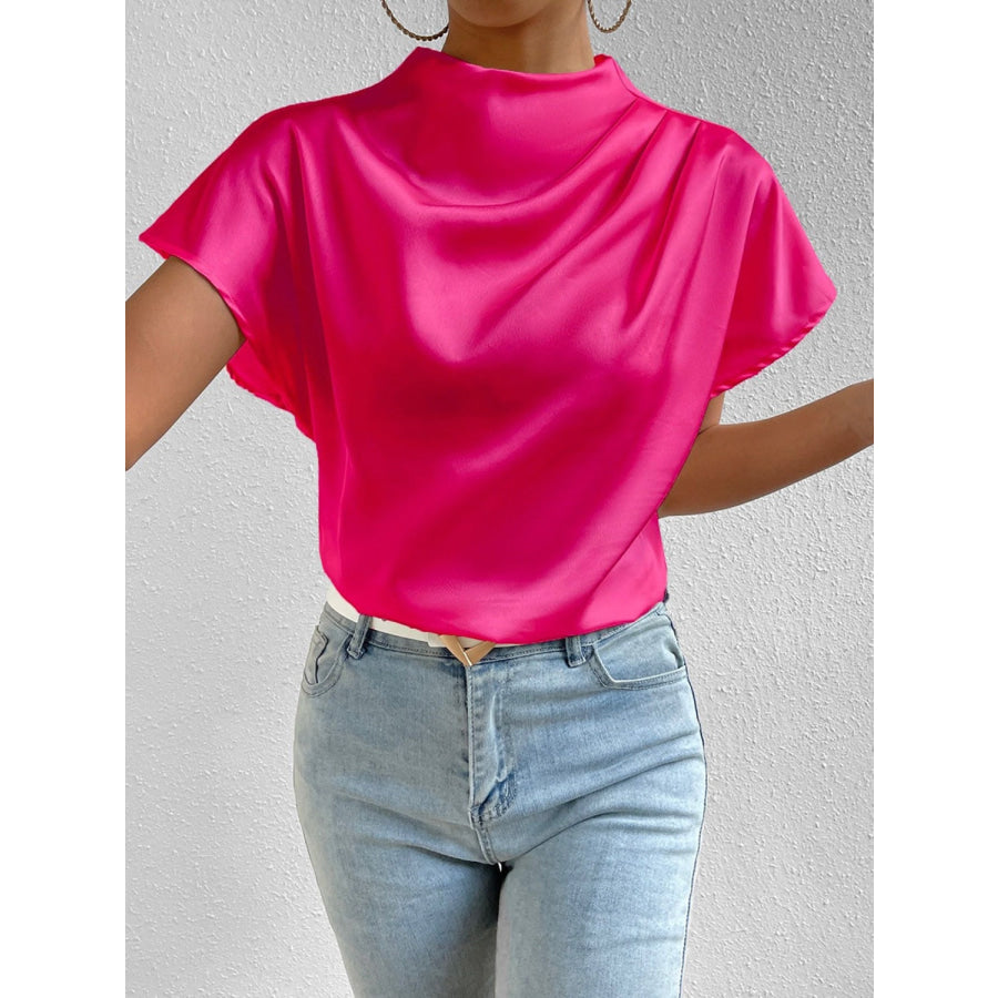 Ruched Mock Neck Short Sleeve Blouse Apparel and Accessories