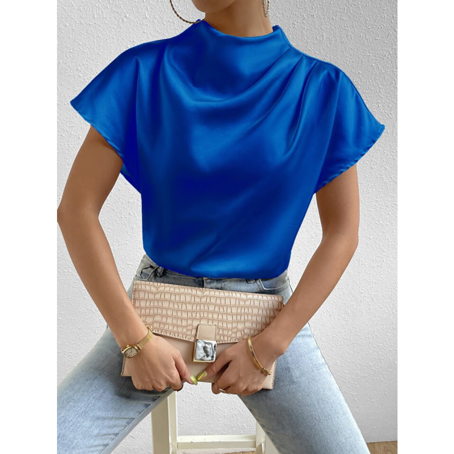 Ruched Mock Neck Short Sleeve Blouse Apparel and Accessories