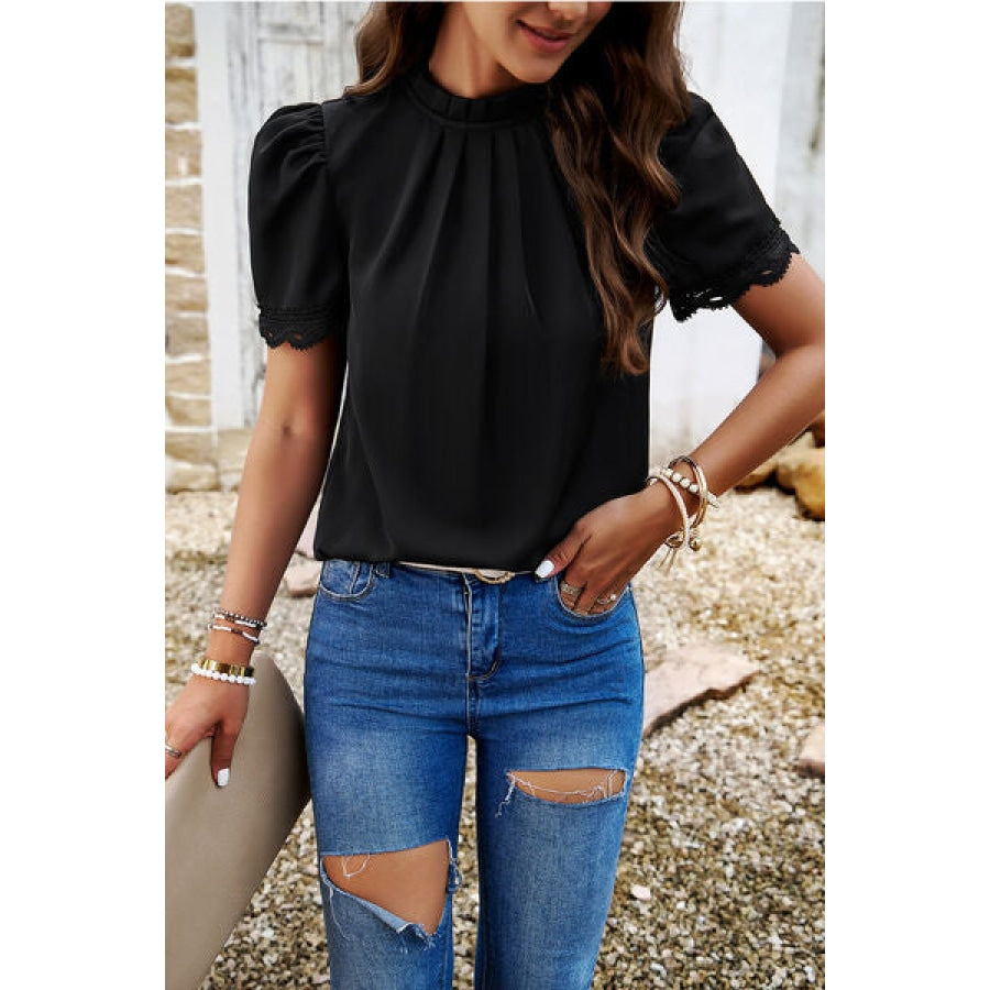 Ruched Mock Neck Short Sleeve Blouse Apparel and Accessories