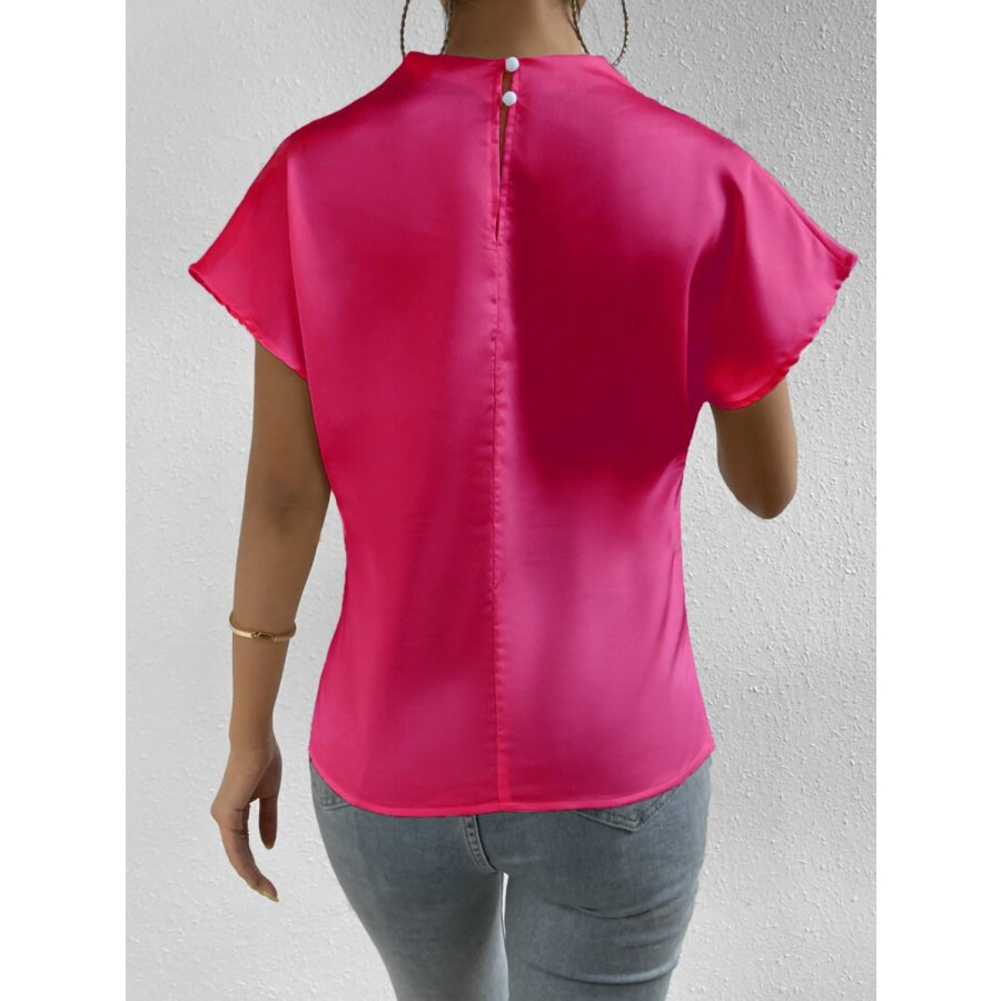 Ruched Mock Neck Short Sleeve Blouse Apparel and Accessories