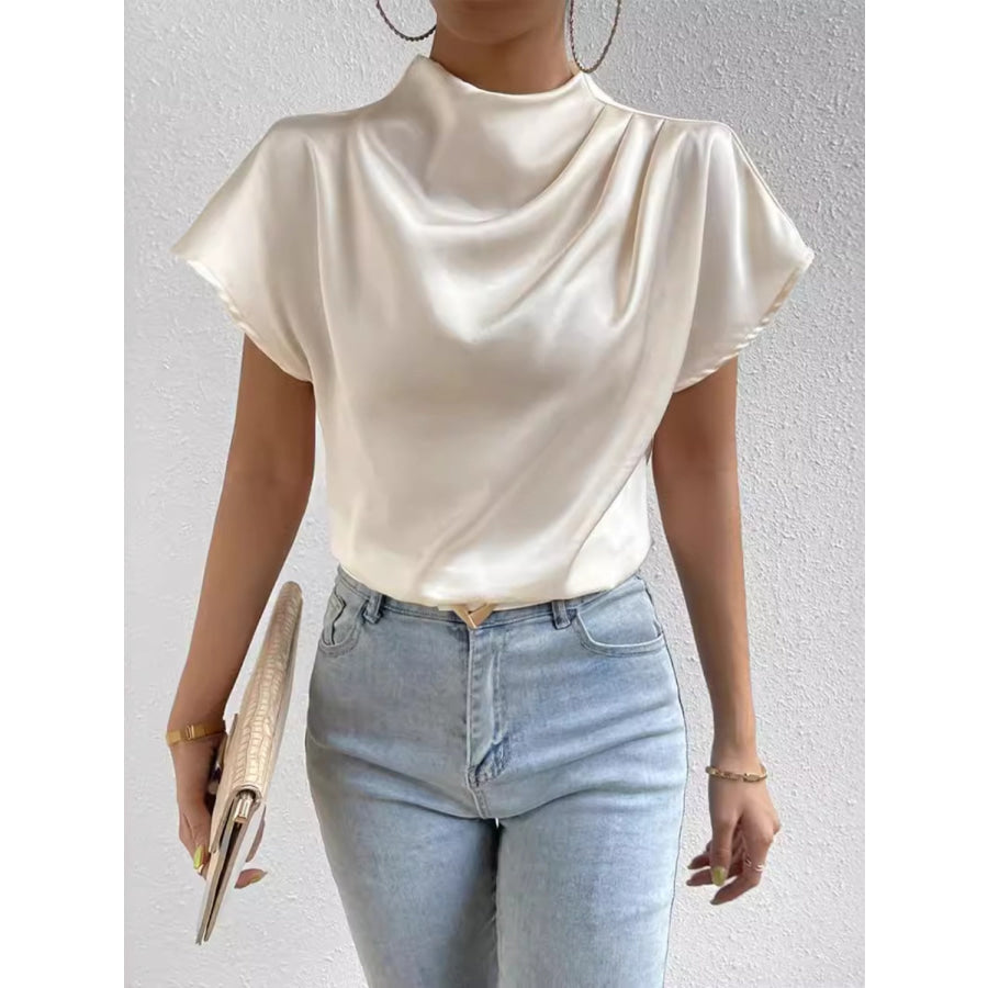 Ruched Mock Neck Short Sleeve Blouse Apparel and Accessories