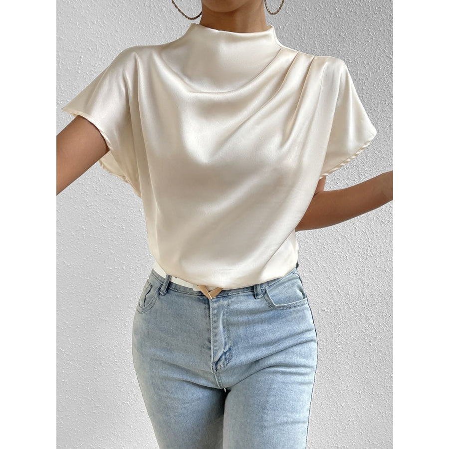 Ruched Mock Neck Short Sleeve Blouse Apparel and Accessories