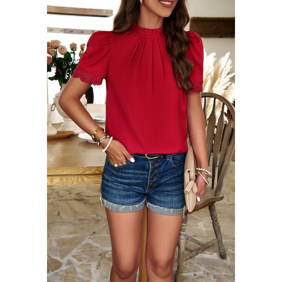 Ruched Mock Neck Short Sleeve Blouse Apparel and Accessories