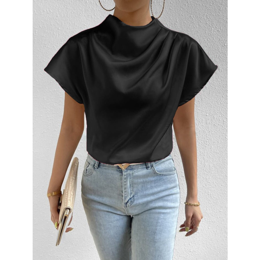 Ruched Mock Neck Short Sleeve Blouse Apparel and Accessories