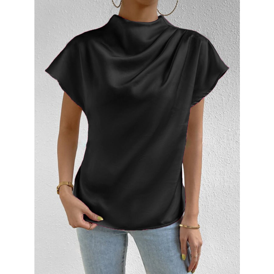 Ruched Mock Neck Short Sleeve Blouse Apparel and Accessories