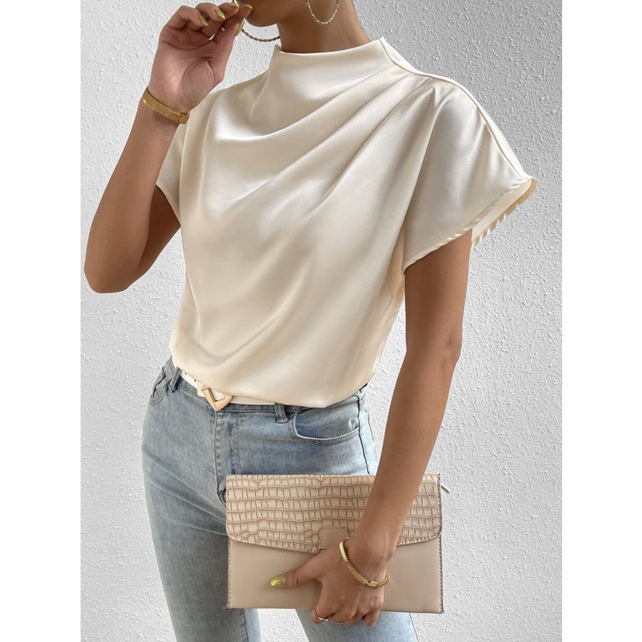 Ruched Mock Neck Short Sleeve Blouse Apparel and Accessories