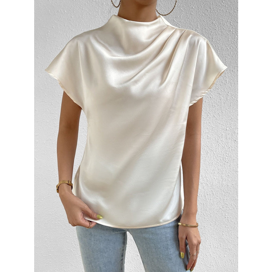 Ruched Mock Neck Short Sleeve Blouse Apparel and Accessories