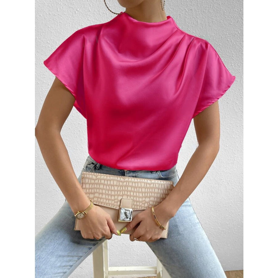 Ruched Mock Neck Short Sleeve Blouse Apparel and Accessories