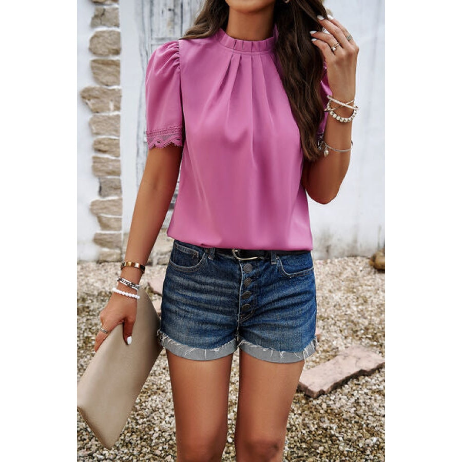 Ruched Mock Neck Short Sleeve Blouse Apparel and Accessories