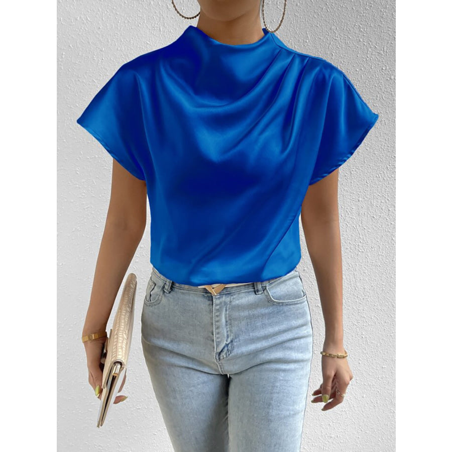 Ruched Mock Neck Short Sleeve Blouse Apparel and Accessories