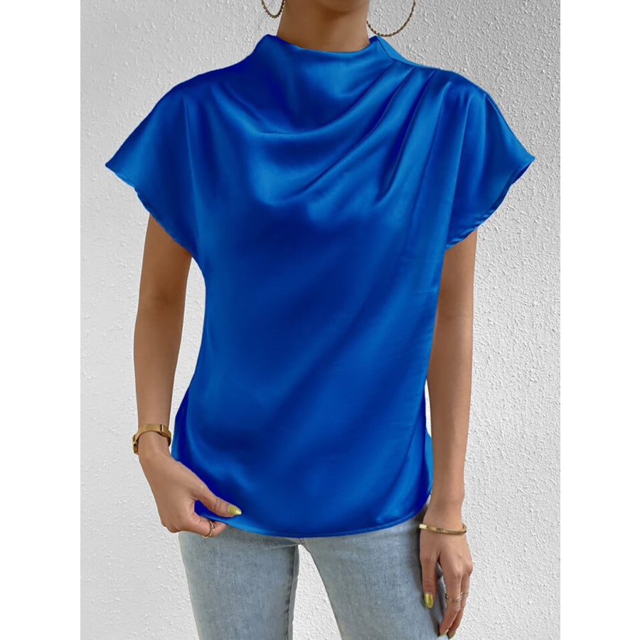 Ruched Mock Neck Short Sleeve Blouse Apparel and Accessories