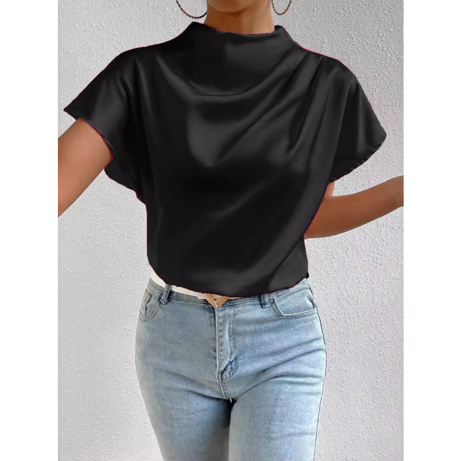 Ruched Mock Neck Short Sleeve Blouse Black / S Apparel and Accessories