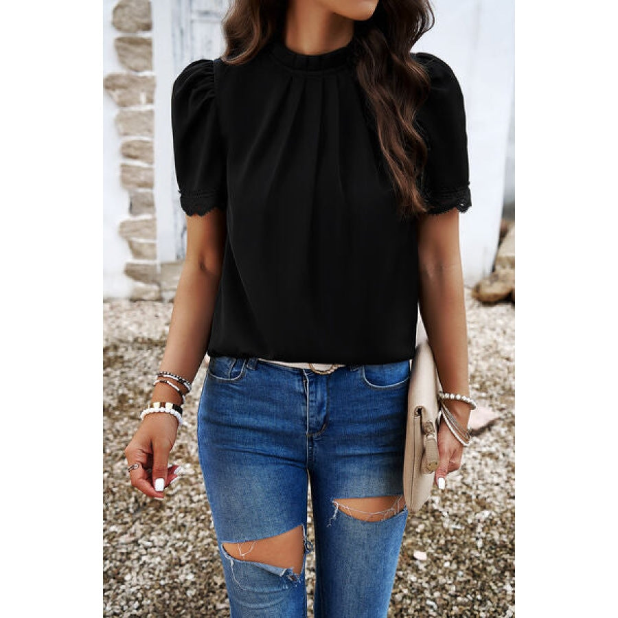 Ruched Mock Neck Short Sleeve Blouse Black / S Apparel and Accessories