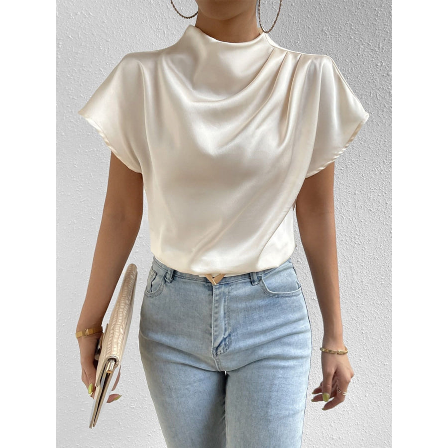 Ruched Mock Neck Short Sleeve Blouse Cream / S Apparel and Accessories