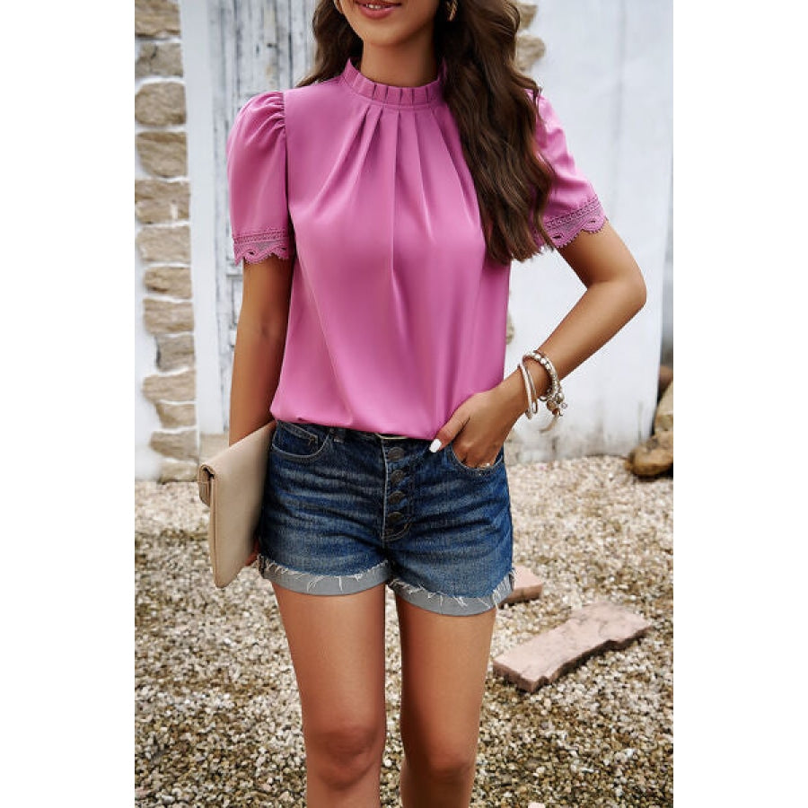 Ruched Mock Neck Short Sleeve Blouse Fuchsia Pink / S Apparel and Accessories