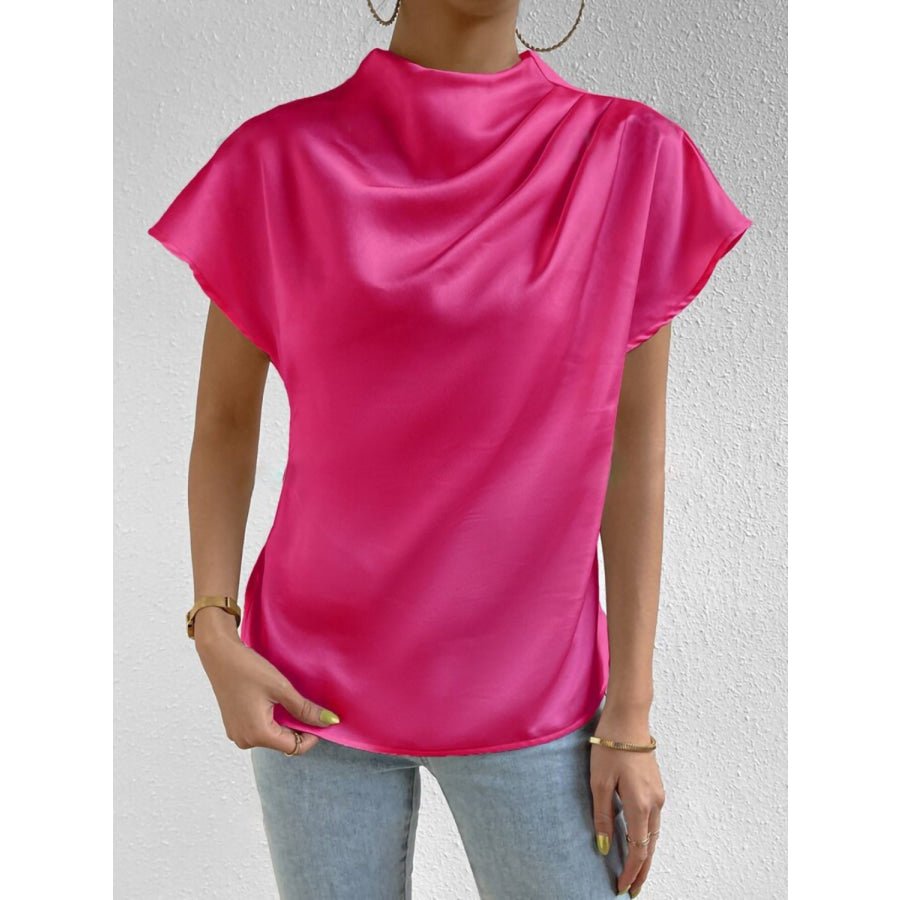 Ruched Mock Neck Short Sleeve Blouse Hot Pink / S Apparel and Accessories