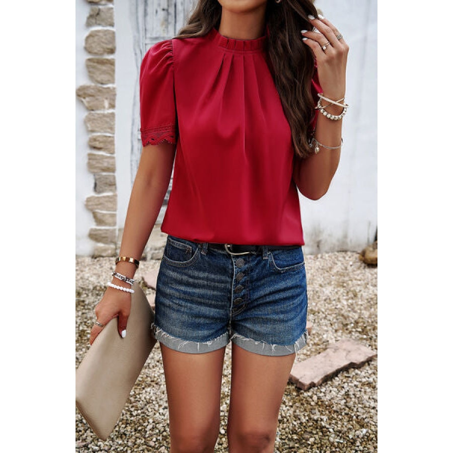 Ruched Mock Neck Short Sleeve Blouse Red / S Apparel and Accessories