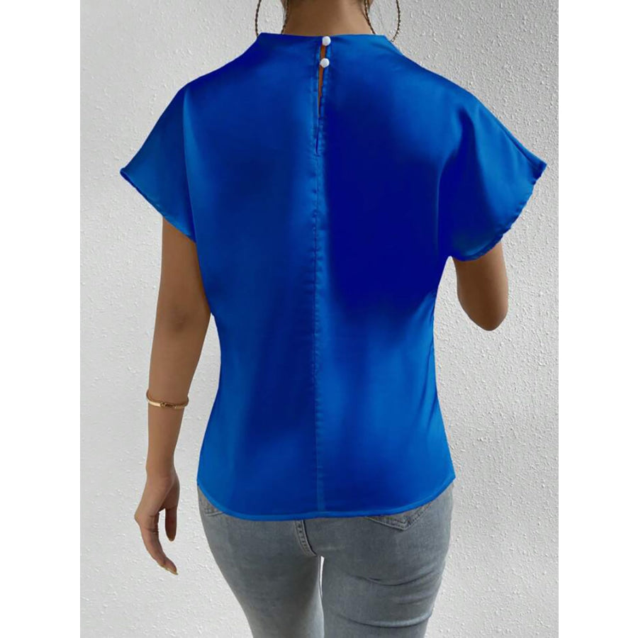 Ruched Mock Neck Short Sleeve Blouse Royal Blue / S Apparel and Accessories