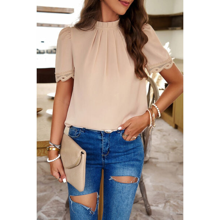 Ruched Mock Neck Short Sleeve Blouse Sand / S Apparel and Accessories