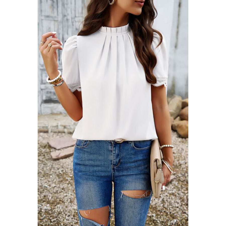 Ruched Mock Neck Short Sleeve Blouse White / S Apparel and Accessories