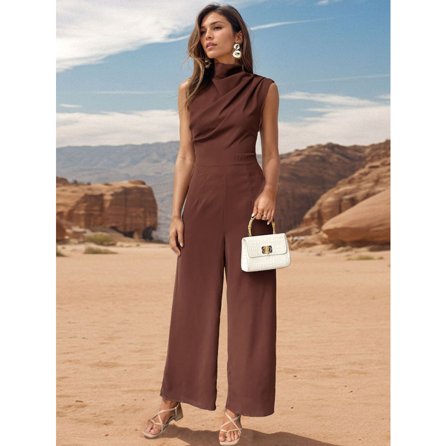 Ruched Mock Neck Sleeveless Jumpsuit Apparel and Accessories