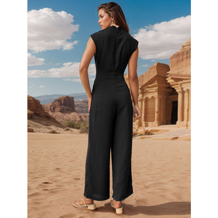 Ruched Mock Neck Sleeveless Jumpsuit Apparel and Accessories