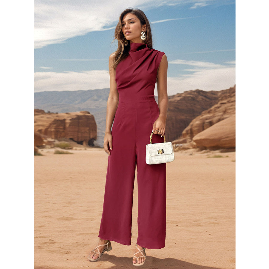 Ruched Mock Neck Sleeveless Jumpsuit Apparel and Accessories