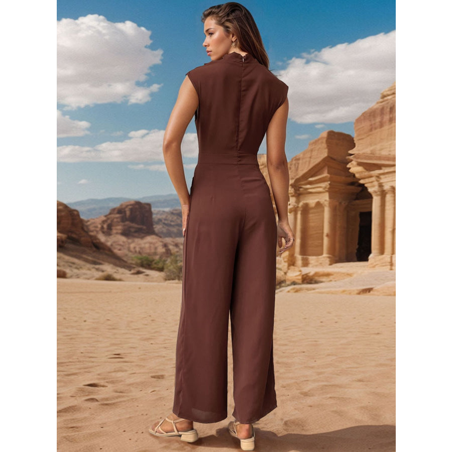 Ruched Mock Neck Sleeveless Jumpsuit Apparel and Accessories