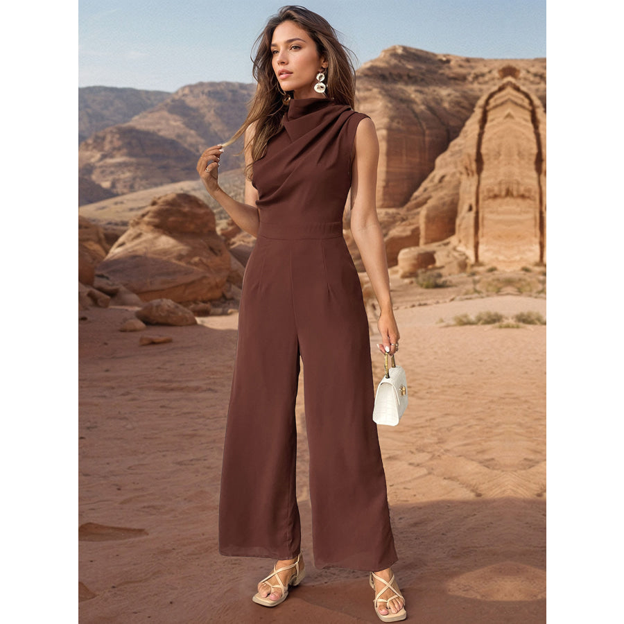 Ruched Mock Neck Sleeveless Jumpsuit Apparel and Accessories