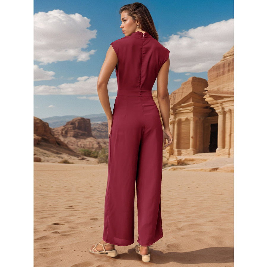 Ruched Mock Neck Sleeveless Jumpsuit Apparel and Accessories