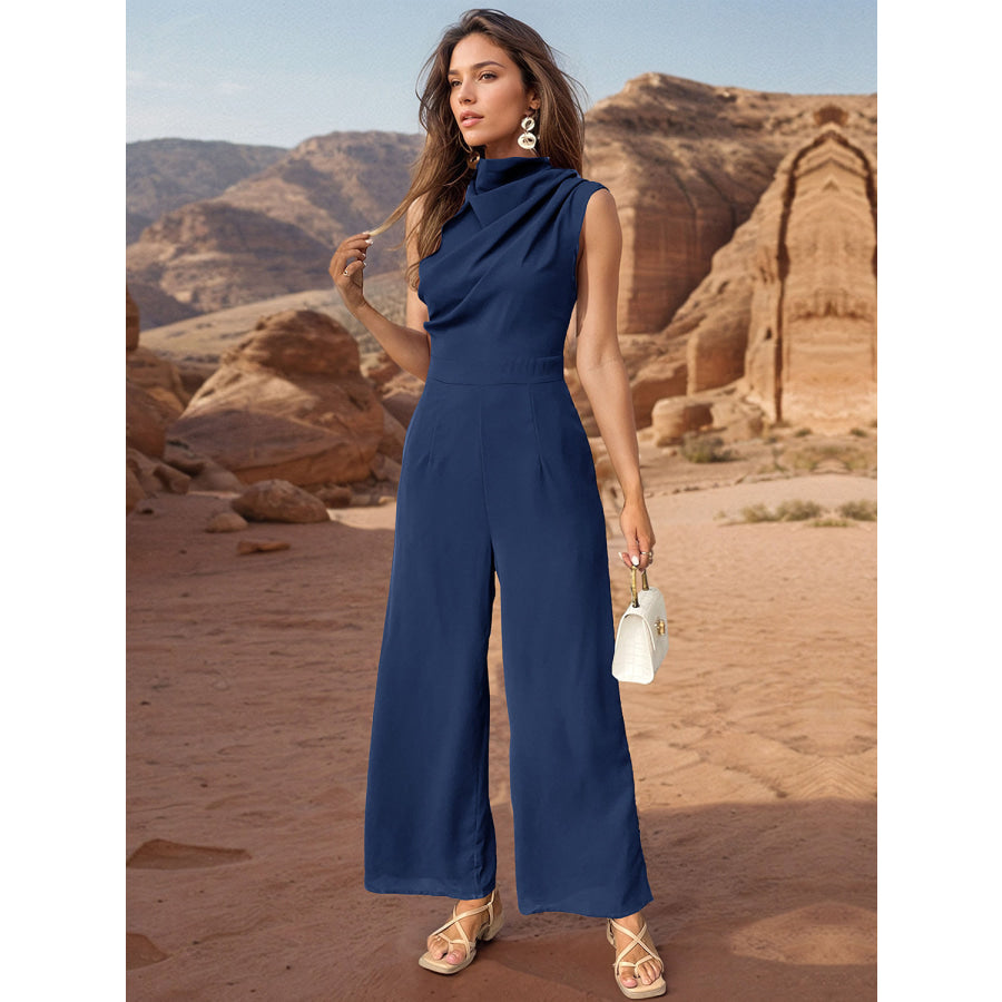 Ruched Mock Neck Sleeveless Jumpsuit Apparel and Accessories