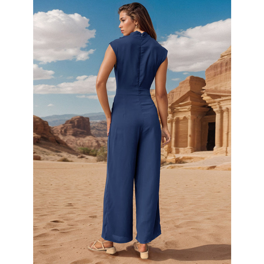 Ruched Mock Neck Sleeveless Jumpsuit Apparel and Accessories