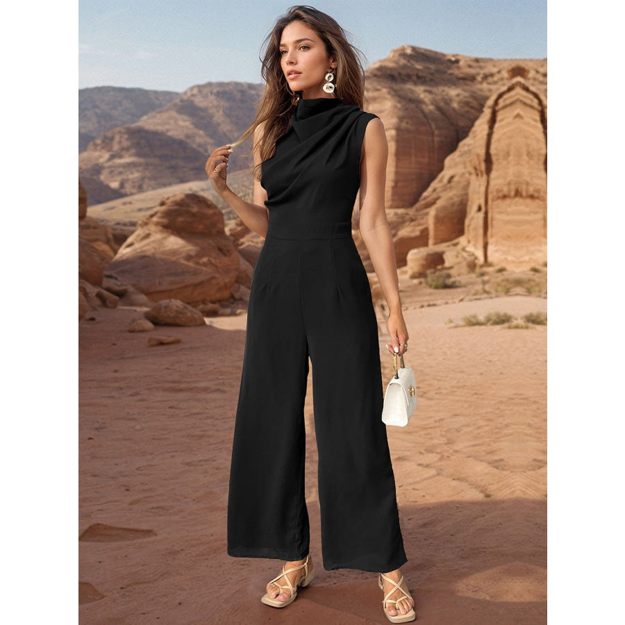 Ruched Mock Neck Sleeveless Jumpsuit Black / M Apparel and Accessories