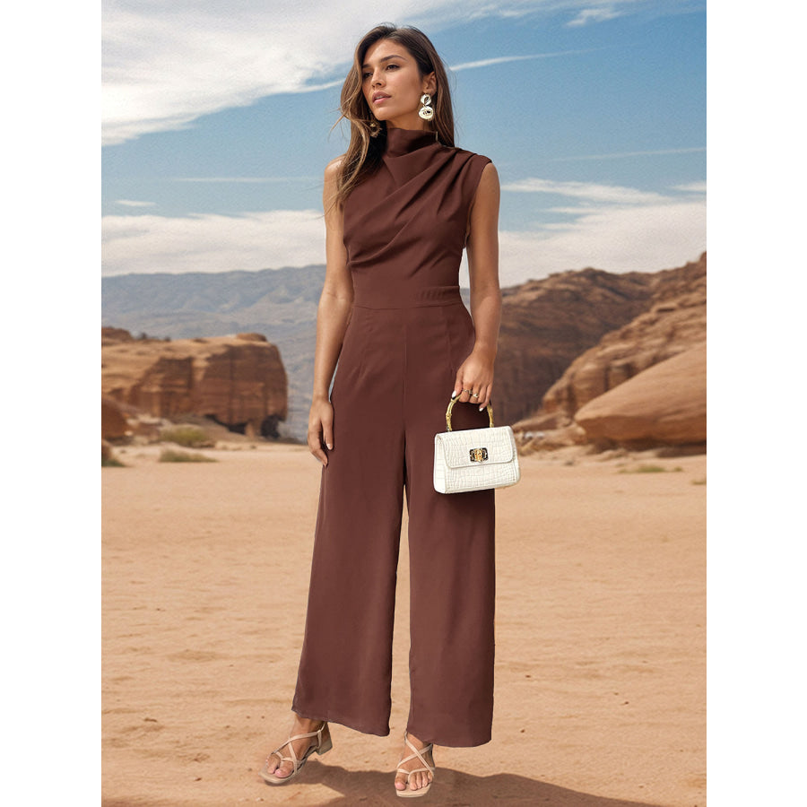 Ruched Mock Neck Sleeveless Jumpsuit Chestnut / M Apparel and Accessories