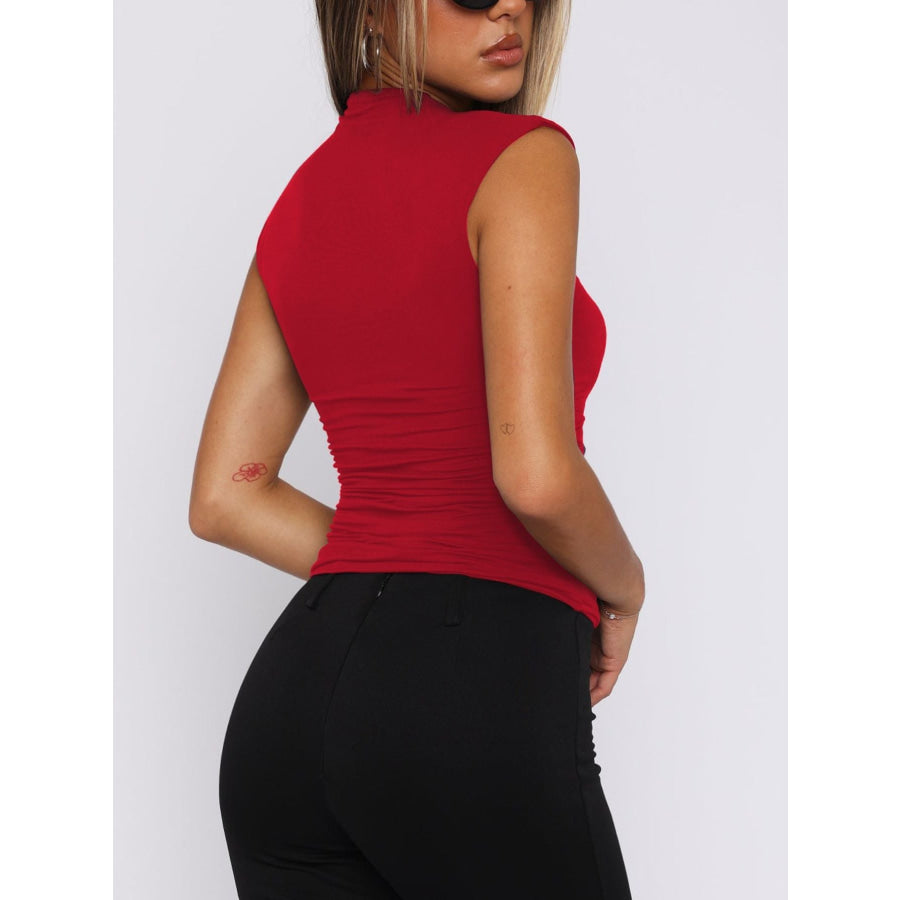 Ruched Mock Neck Sleeveless Tank Top Apparel and Accessories