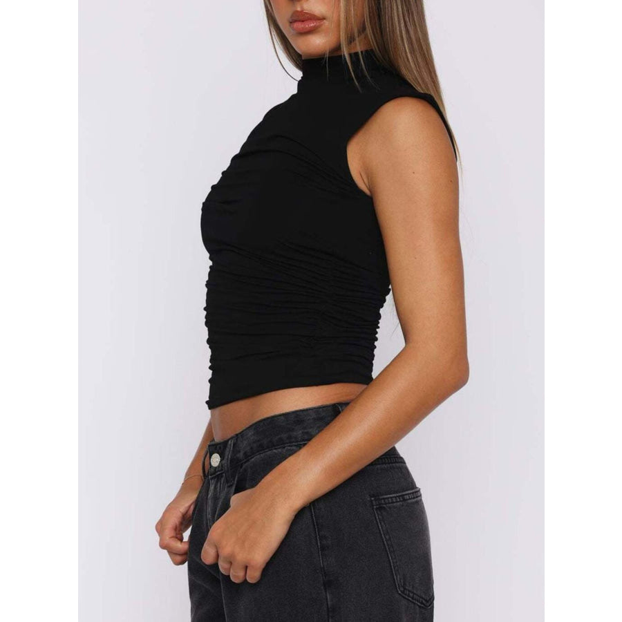 Ruched Mock Neck Sleeveless Tank Top Apparel and Accessories