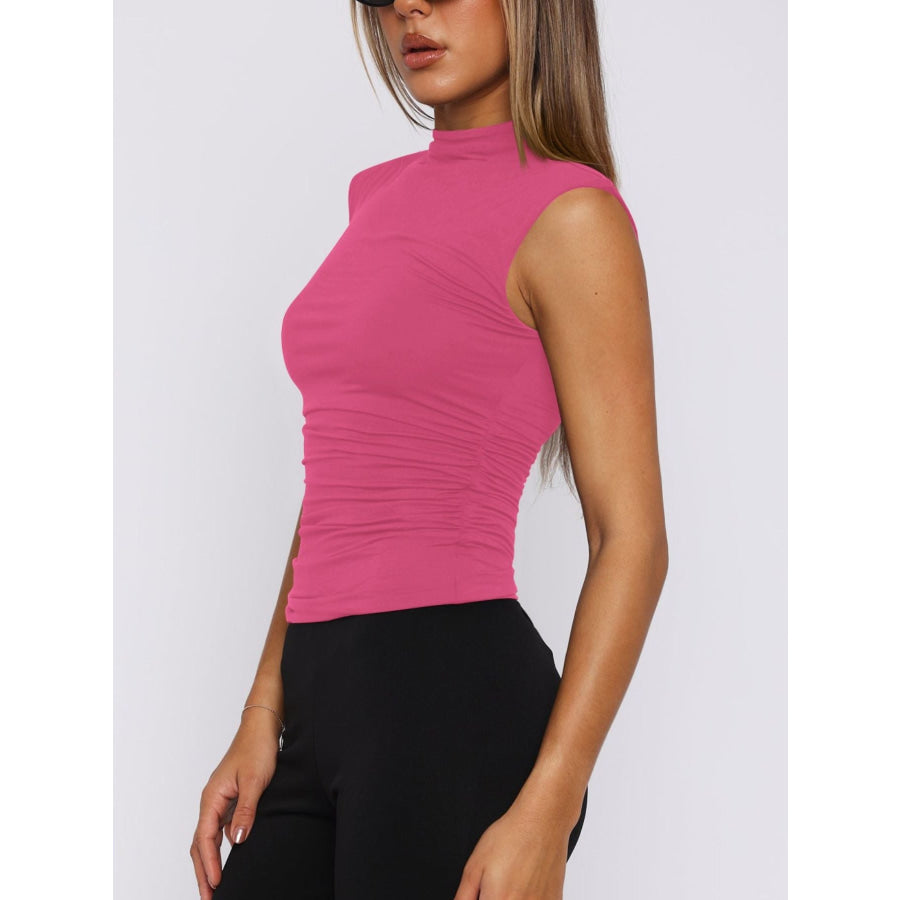 Ruched Mock Neck Sleeveless Tank Top Apparel and Accessories