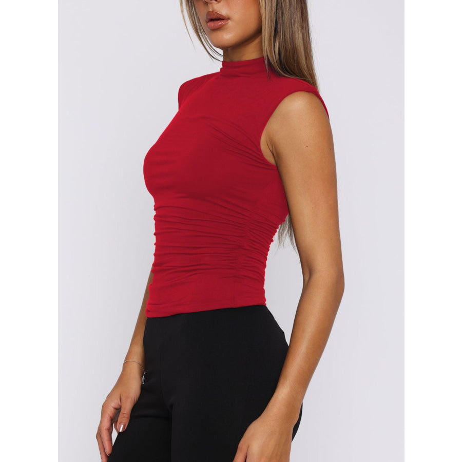 Ruched Mock Neck Sleeveless Tank Top Apparel and Accessories