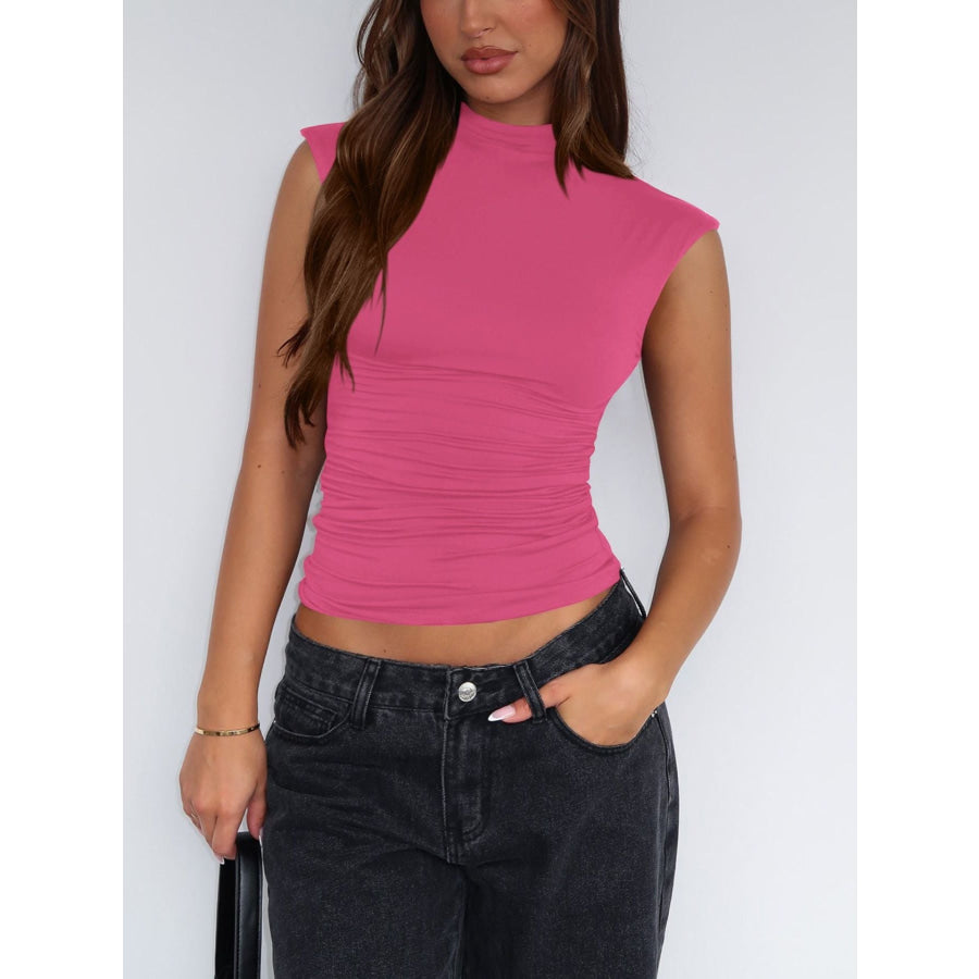 Ruched Mock Neck Sleeveless Tank Top Apparel and Accessories