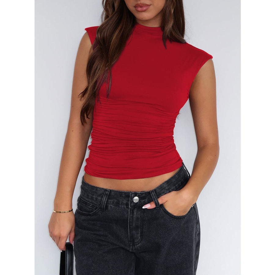 Ruched Mock Neck Sleeveless Tank Top Apparel and Accessories