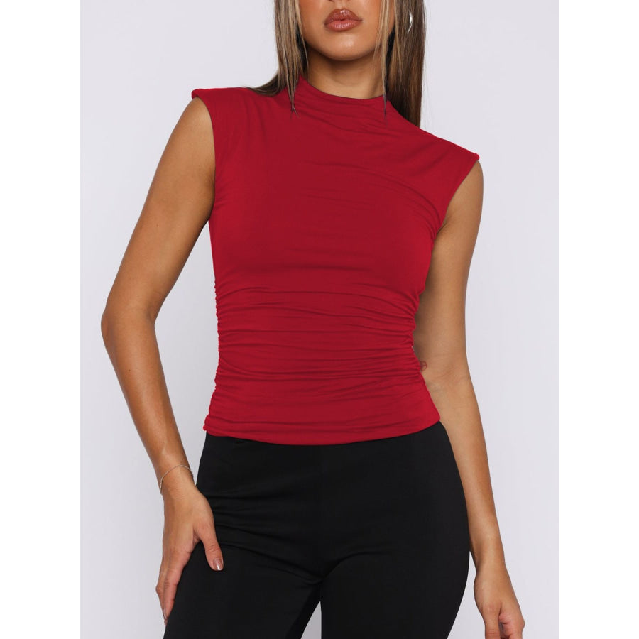 Ruched Mock Neck Sleeveless Tank Top Apparel and Accessories