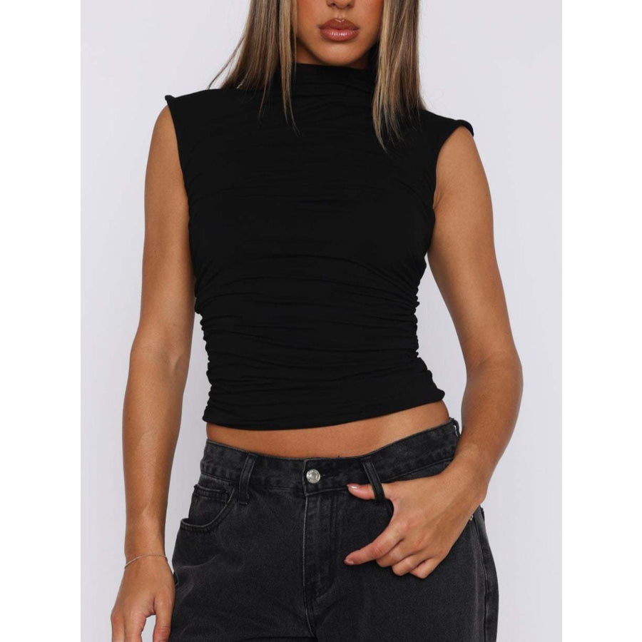 Ruched Mock Neck Sleeveless Tank Top Black / S Apparel and Accessories