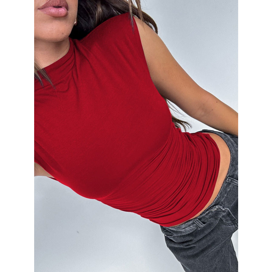 Ruched Mock Neck Sleeveless Tank Top Deep Red / S Apparel and Accessories