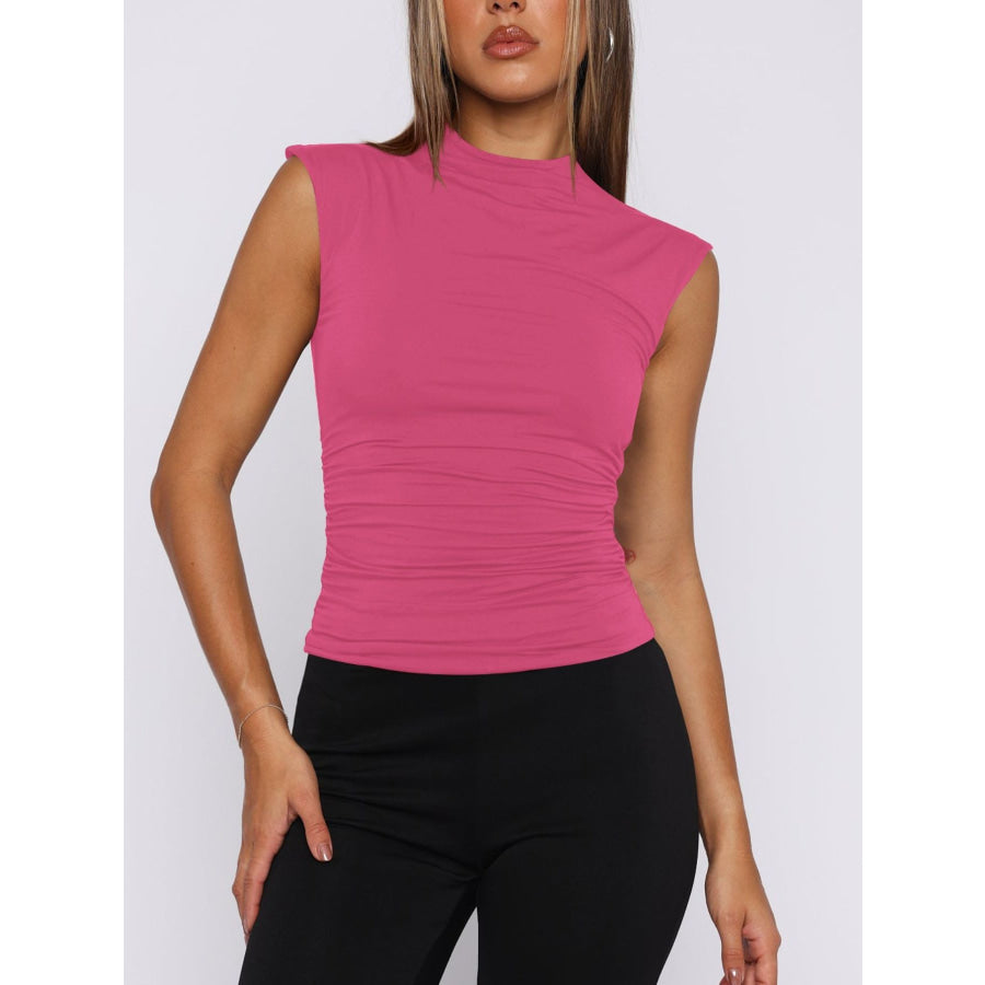Ruched Mock Neck Sleeveless Tank Top Hot Pink / S Apparel and Accessories