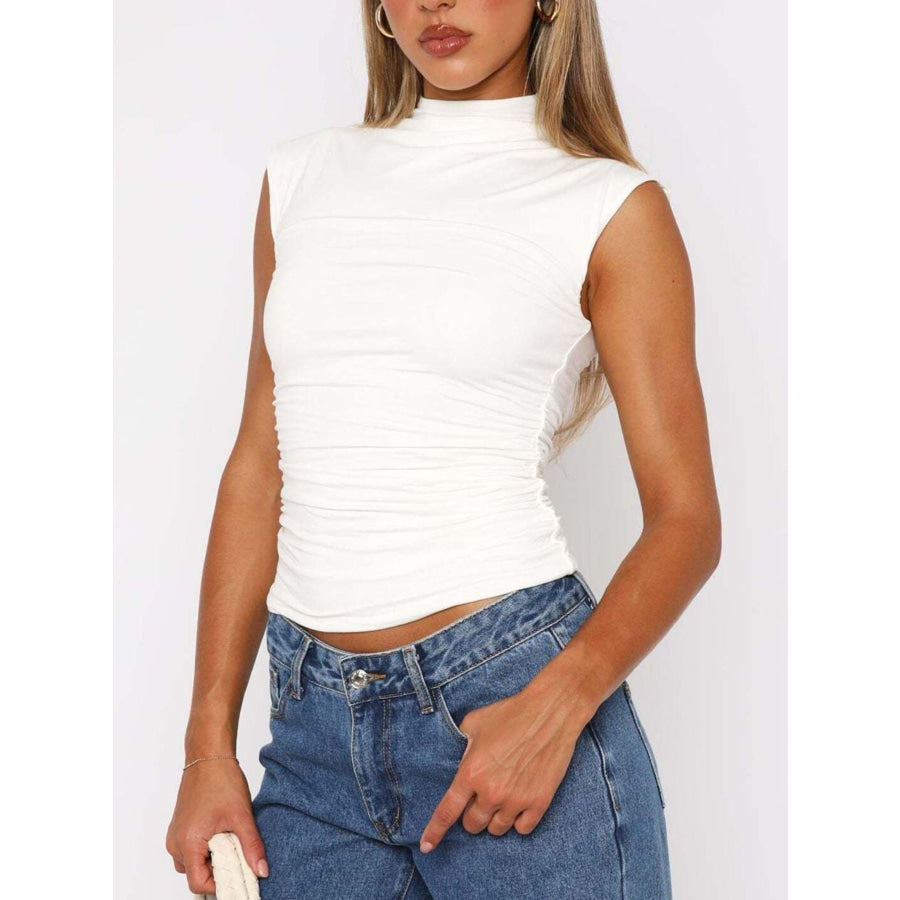 Ruched Mock Neck Sleeveless Tank Top White / S Apparel and Accessories